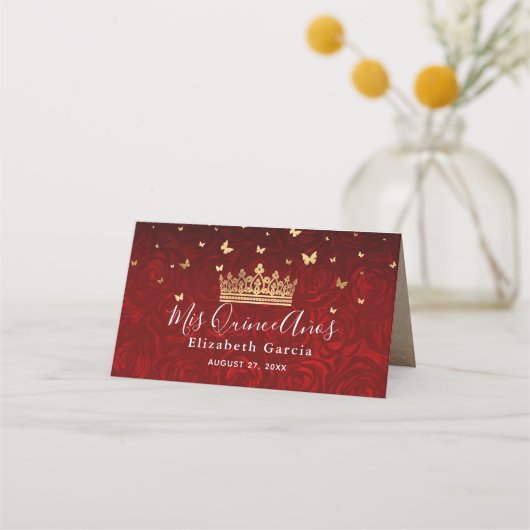  Red Rose Gold Crown Elegant Escort Gevouwen Plaatskaartje (Achterkant)