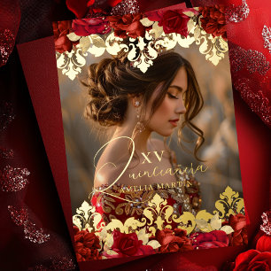 Red Rose Gold Damask Bloemenfoto Quinceanera Folie Uitnodiging