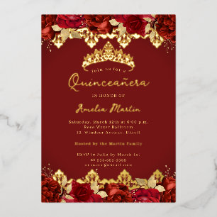 Red Rose Gold Damask Floral Quinceanera Folie Uitnodiging
