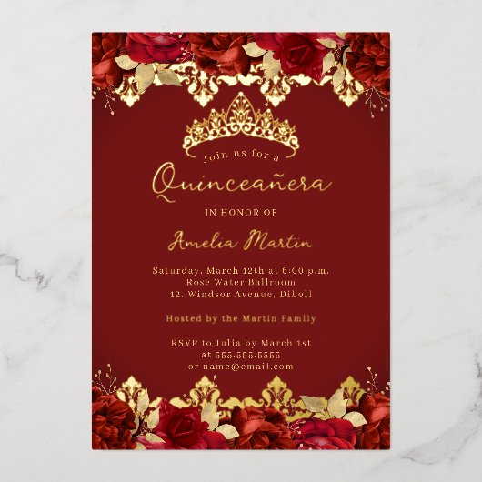 Red Rose Gold Damask Floral Quinceanera Folie Uitnodiging (Voorkant)