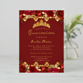 Red Rose Gold Damask Floral Quinceanera Folie Uitnodiging (Staand Voorkant)