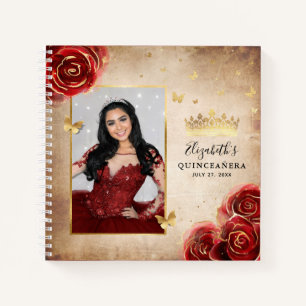 Red Rose Gold Elegant Photo Quinceanera Guest Notitieboek