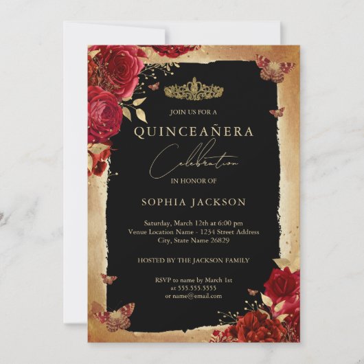 Red Rose Gold Elegant Quinceanera Uitnodiging (Voorkant)