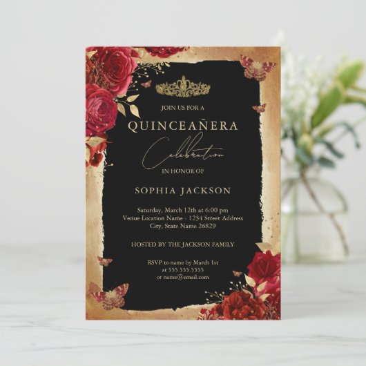 Red Rose Gold Elegant Quinceanera Uitnodiging (Staand voorkant)