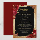 Red Rose Gold Elegant Quinceanera Uitnodiging (Voorkant / Achterkant)