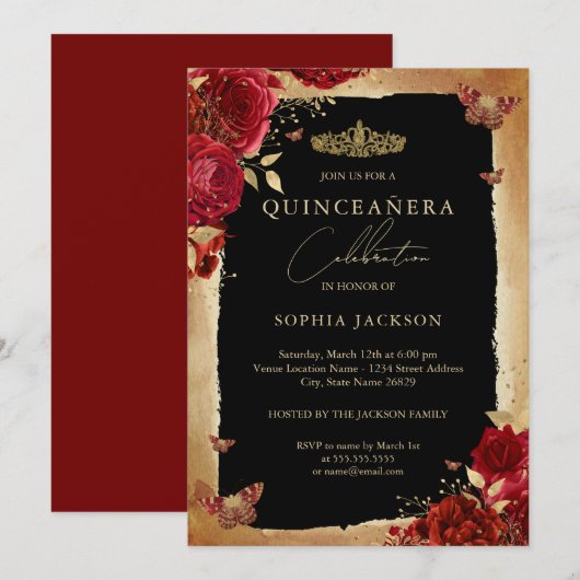 Red Rose Gold Elegant Quinceanera Uitnodiging (Voorkant / Achterkant)