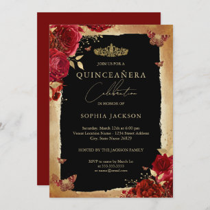 Red Rose Gold Elegant Quinceanera Uitnodiging