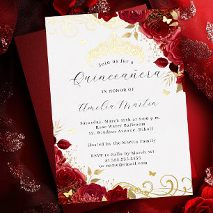 Red Rose Gold Floral Swirl Quinceanera Folie Uitnodiging