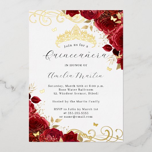Red Rose Gold Floral Swirl Quinceanera Folie Uitnodiging (Voorkant)
