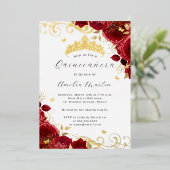 Red Rose Gold Floral Swirl Quinceanera Folie Uitnodiging (Staand Voorkant)