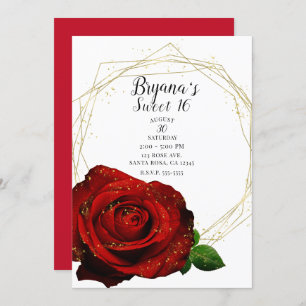 Red Rose Gold Geometric Glam Sweet 16 Party Kaart