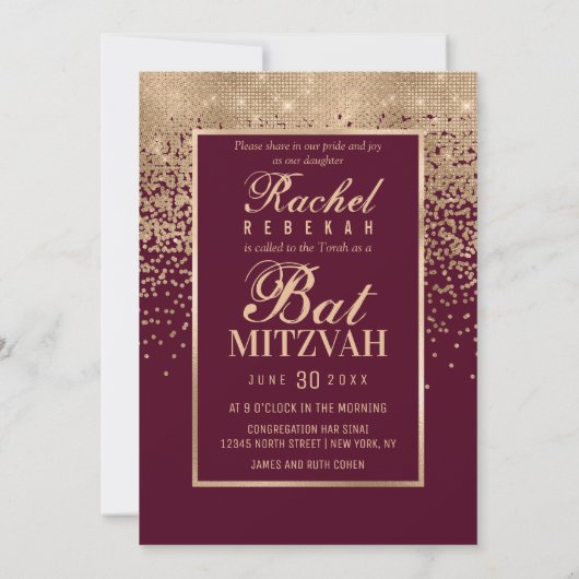 Red Rose Gold Glitter Confetti Photo Bat Mitzvah Kaart (Achterkant)