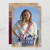 Red Rose Gold Glitter Confetti Photo Bat Mitzvah Kaart (Voorkant / Achterkant)