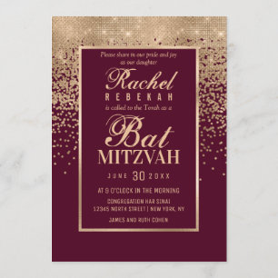 Red Rose Gold Glitter Confetti Photo Bat Mitzvah Kaart