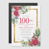 Red Rose Gold Holly 100th Birthday Magnetische Uitnodiging (Voorkant / Achterkant)