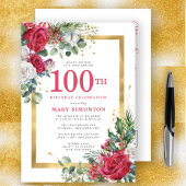 Red Rose Gold Holly 100th Birthday Uitnodiging Briefkaart