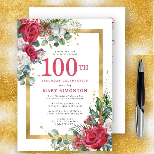 Red Rose Gold Holly 100th Birthday Uitnodiging Briefkaart