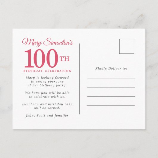 Red Rose Gold Holly 100th Birthday Uitnodiging Briefkaart (Achterkant)