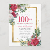 Red Rose Gold Holly 100th Birthday Uitnodiging Briefkaart (Voorkant)