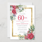 Red Rose Gold Holly 60th Birthday Magnetische Uitnodiging (Voorkant)