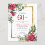 Red Rose Gold Holly 60th Birthday Uitnodiging Briefkaart<br><div class="desc">Mooie rode en witte rozen worden in holly en eucalyptusbladeren tot creëer een elegant floraal beeldscherm genaaid. Ze versieren een breed gouden lijst en worden met gouden confetti-stof geplakt. De viering van de 60ste verjaardag en de naam van de persoon staan in een grote rode tekst. Er is meer ruimte...</div>