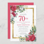 Red Rose Gold Holly 70th Birthday Kaart<br><div class="desc">Mooie rode en witte rozen worden in holly en eucalyptusbladeren tot creëer een elegant floraal beeldscherm genaaid. Ze versieren een breed gouden lijst en worden met gouden confetti-stof geplakt. De viering van de 70ste verjaardag en de naam van de persoon staan in een grote rode tekst. Alle tekst kan worden...</div>