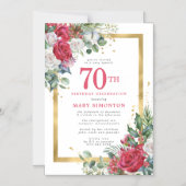 Red Rose Gold Holly 70th Birthday Magnetische Uitnodiging (Voorkant)