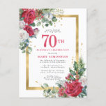 Red Rose Gold Holly 70th Birthday Uitnodiging Briefkaart<br><div class="desc">Mooie rode en witte rozen worden in holly en eucalyptusbladeren tot creëer een elegant floraal beeldscherm genaaid. Ze versieren een breed gouden lijst en worden met gouden confetti-stof geplakt. De viering van de 70ste verjaardag en de naam van de persoon staan in een grote rode tekst. Er is meer ruimte...</div>