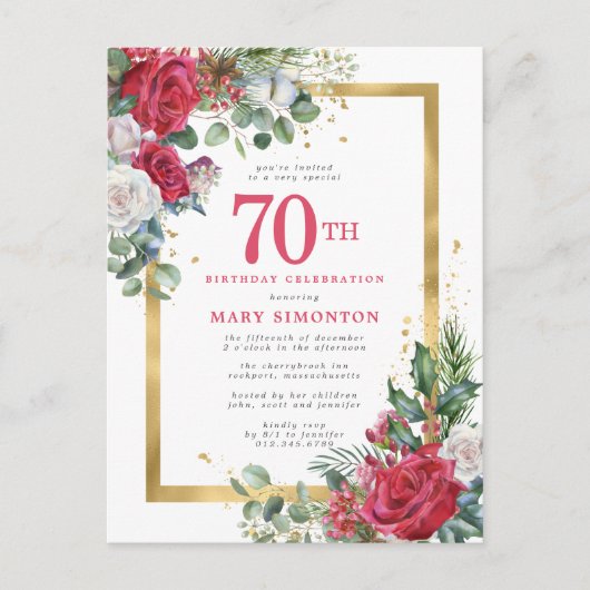Red Rose Gold Holly 70th Birthday Uitnodiging Briefkaart (Voorkant)