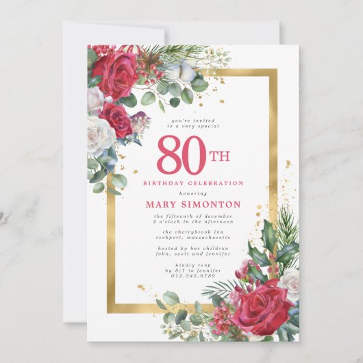 Red Rose Gold Holly 80th Birthday Kaart (Voorkant)