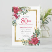 Red Rose Gold Holly 80th Birthday Kaart (Staand voorkant)
