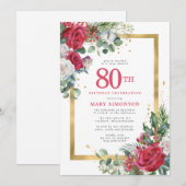 Red Rose Gold Holly 80th Birthday Kaart (Voorkant / Achterkant)