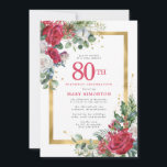 Red Rose Gold Holly 80th Birthday Kaart<br><div class="desc">Mooie rode en witte rozen worden in holly en eucalyptusbladeren tot creëer een elegant floraal beeldscherm genaaid. Ze versieren een breed gouden lijst en worden met gouden confetti-stof geplakt. De viering van de 80ste verjaardag en de naam van de persoon staan in een grote rode tekst. Er is meer ruimte...</div>