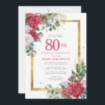Red Rose Gold Holly 80th Birthday Kaart<br><div class="desc">Mooie rode en witte rozen worden in holly en eucalyptusbladeren tot creëer een elegant floraal beeldscherm genaaid. Ze versieren een breed gouden lijst en worden met gouden confetti-stof geplakt. De viering van de 80ste verjaardag en de naam van de persoon staan in een grote rode tekst. Er is meer ruimte...</div>