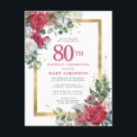 Red Rose Gold Holly 80th Birthday Uitnodiging Briefkaart<br><div class="desc">Mooie rode en witte rozen worden in holly en eucalyptusbladeren tot creëer een elegant floraal beeldscherm genaaid. Ze versieren een breed gouden lijst en worden met gouden confetti-stof geplakt. De viering van de 80ste verjaardag en de naam van de persoon staan in een grote rode tekst. Er is meer ruimte...</div>