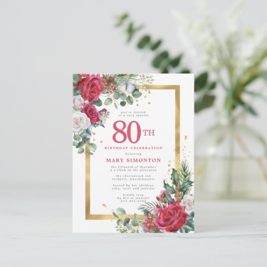 Red Rose Gold Holly 80th Birthday Uitnodiging Briefkaart (Staand voorkant)