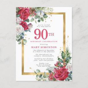 Red Rose Gold Holly 90th Birthday Uitnodiging Briefkaart