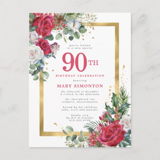 Red Rose Gold Holly 90th Birthday Uitnodiging Briefkaart (Voorkant)