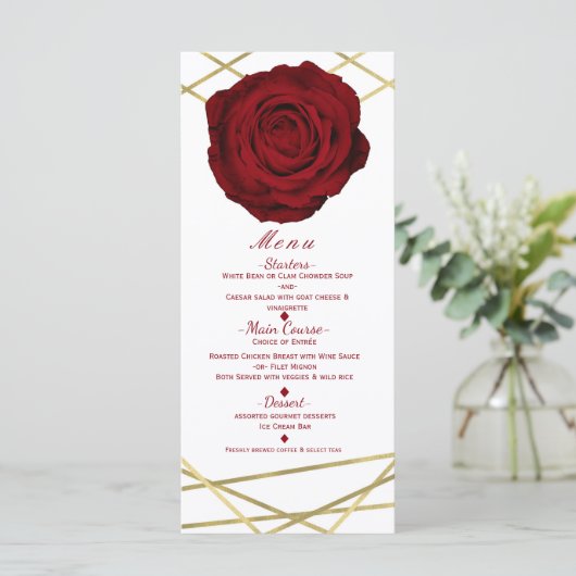 Red Rose & Gold Lines Floral Elegant Party Menu (Staand voorkant)