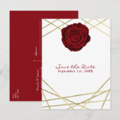 Red Rose & Gold Lines Floral Elegant Save the Date Aankondigingskaart (Voorkant / Achterkant)