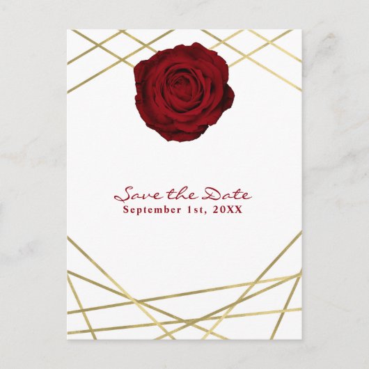 Red Rose & Gold Lines Floral Elegant Save the Date Aankondigingskaart (Voorkant)