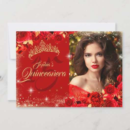 Red Rose Gold Quinceanera Bloemenfoto Kaart (Voorkant)