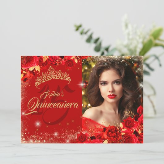 Red Rose Gold Quinceanera Bloemenfoto Kaart (Staand voorkant)