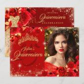 Red Rose Gold Quinceanera Bloemenfoto Kaart (Voorkant / Achterkant)