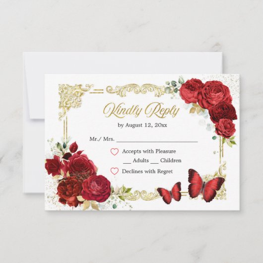 Red Rose Gold Quinceañera RSVP-kaart RSVP Kaartje (Voorkant)