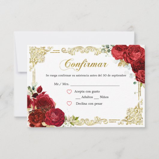 Red Rose Gold Quinceañera RSVP-kaart RSVP Kaartje (Voorkant)