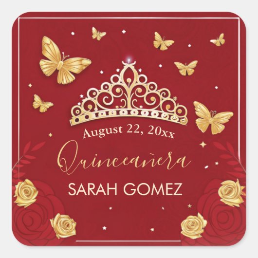 Red Rose Gold Quinceanera Vierkante Sticker (Voorkant)