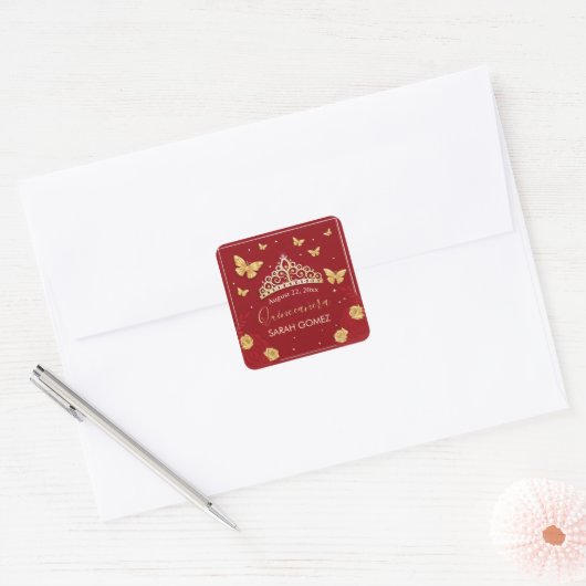 Red Rose Gold Quinceanera Vierkante Sticker (Envelop)
