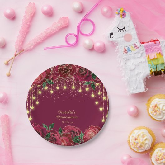 Red Rose Gold Star String Lichtsterren Quinceañera Papieren Bordje (Feest)