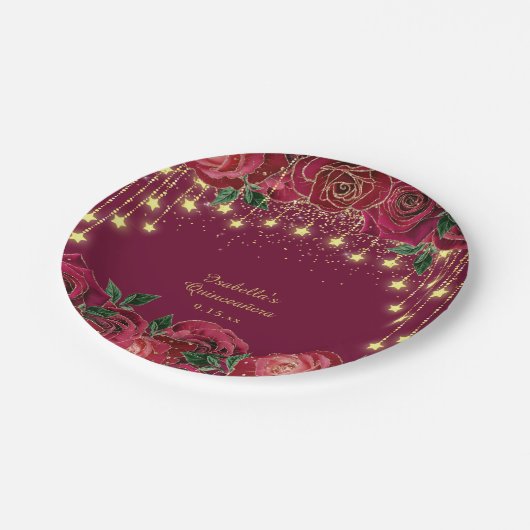 Red Rose Gold Star String Lichtsterren Quinceañera Papieren Bordje (Gekanteld)